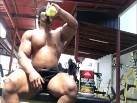 Pec bouncing while making protein shake